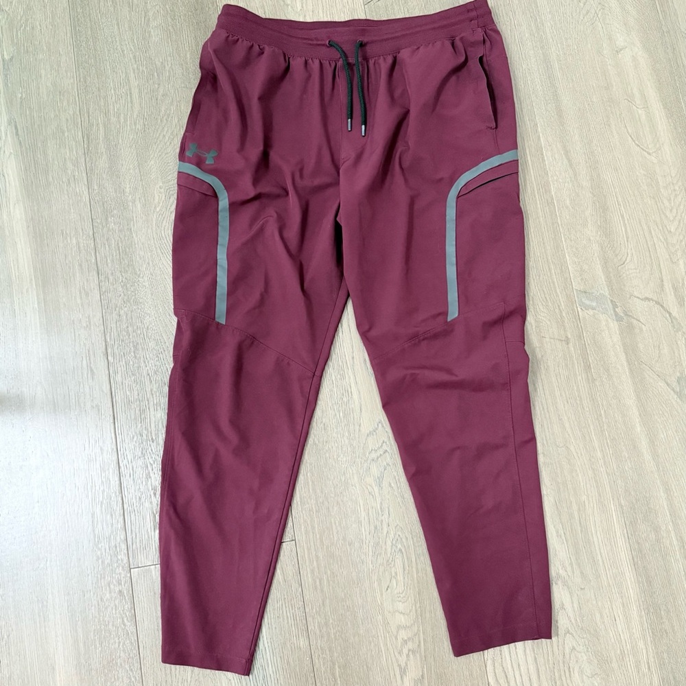 Under Armour Burgundy Red Woven Jogging Pants Reflective Strips XXL